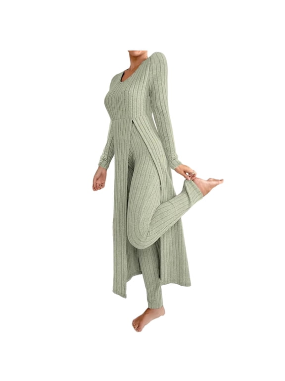 Two Piece Sets for Women Fall Knit Two-Piece Set Ribbed Long Sleeve Top & Pants Casual Slit Design Comfort Fit