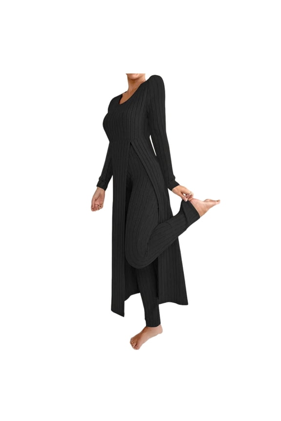 Two Piece Sets for Women Fall Knit Two-Piece Set Ribbed Long Sleeve Top & Pants Casual Slit Design Comfort Fit