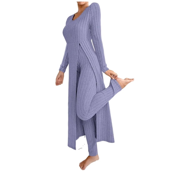Fewfanhot Two Piece Sets for Women Fall Knit Two-Piece Set Ribbed Long Sleeve Top & Pants Casual Slit Design Comfort Fit
