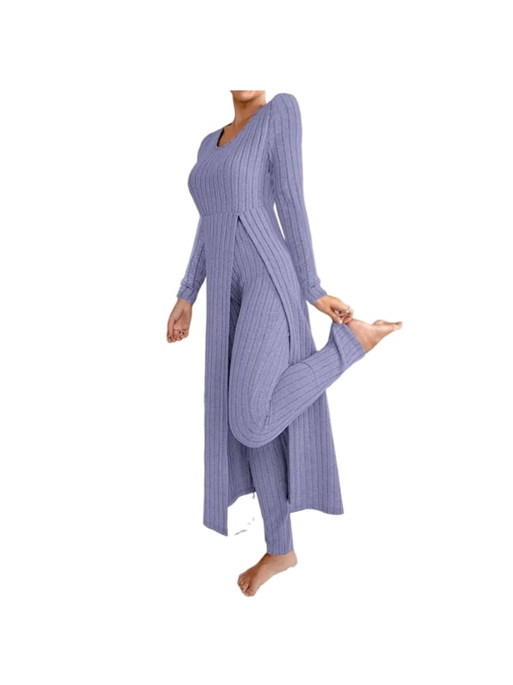 Two Piece Sets for Women Fall Knit Two-Piece Set Ribbed Long Sleeve Top & Pants Casual Slit Design Comfort Fit