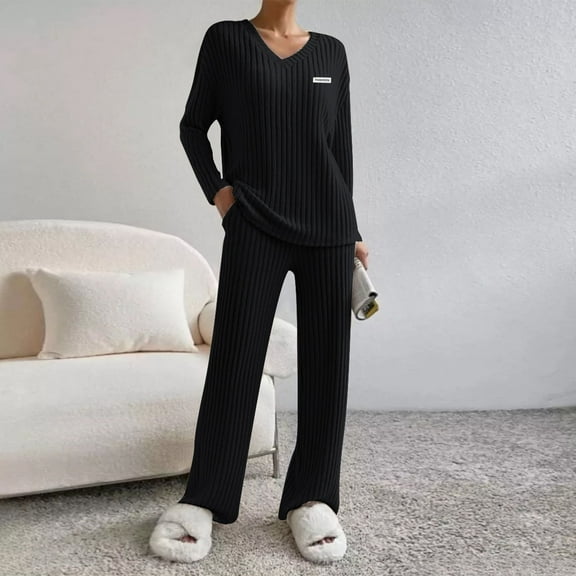 Fewfanhot Two Piece Sets for Women Long Sleeve Short Sleeve 2 Piece Lounge Sets Ribbed Knit Sweater Sleepwear