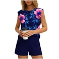 thumbnail image 1 of Fewfanhot Two Piece Sets for Women Solid Color Short Sleeve Front Pleated Round Neck Top and Shorts Set, 1 of 8