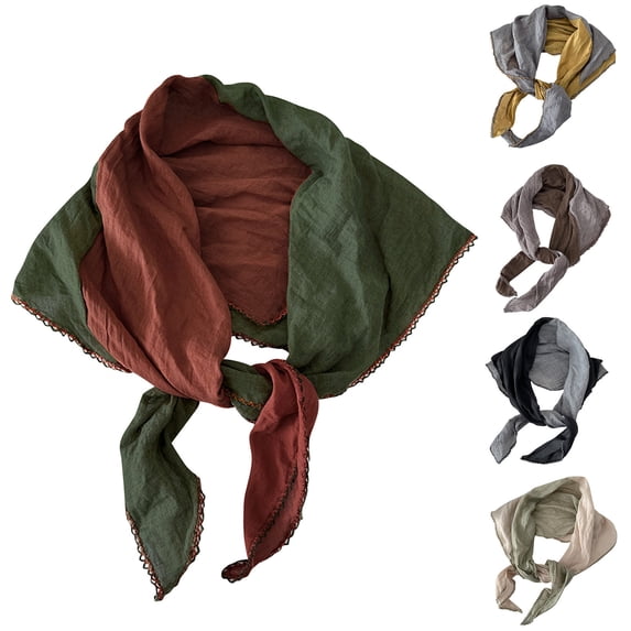 Fewfanhot Two-Tone Cotton Linen Blend Triangle Scarf Crochet Edge Lightweight Neck Head Wrap Shawl for Women