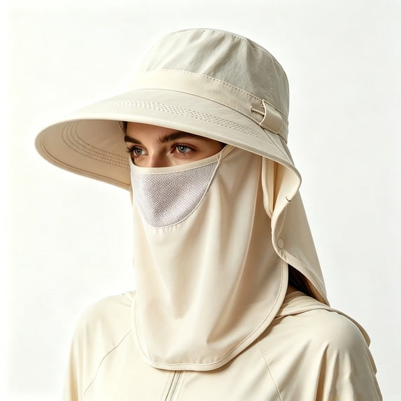 Fewfanhot UPF Full Coverage Sun Hat, Wide Brim Fishing Hat with Detachable Face Neck Flap Breathable Outdoor Sun Cap