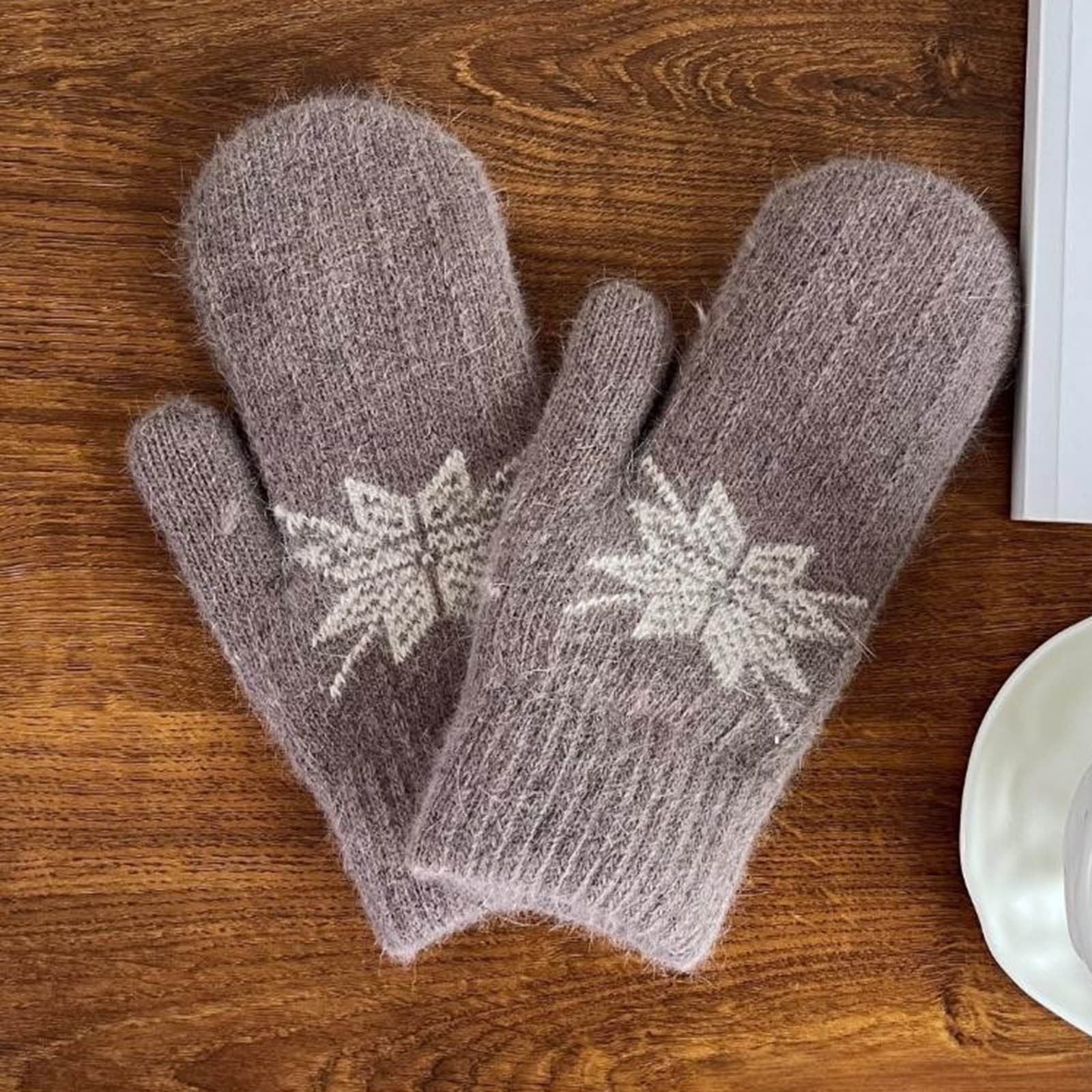 Fewfanhot Unisex Knitted Wool Mittens, Solid Color Print Thick Thermal ...