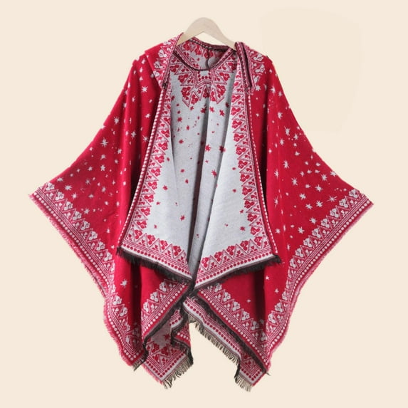 Fewfanhot Unisex Retro Style Vintage Pattern Tassel Poncho Shawl Cape Wraps Cloak for Women and Men Outerwear