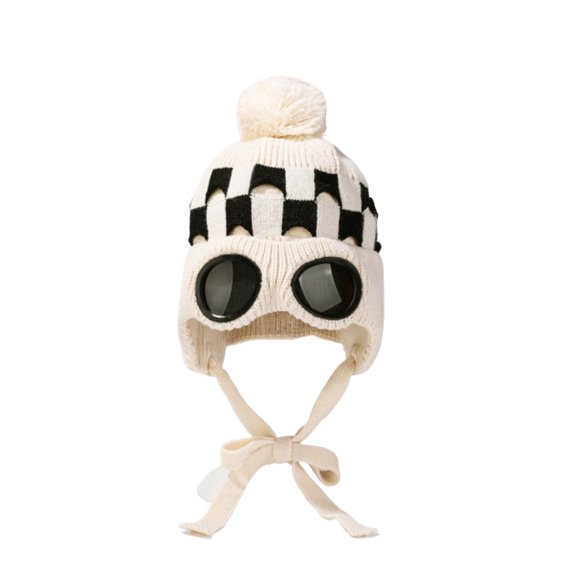 Fewfanhot Unisex Winter Beanie with Fixed Goggles, Double-Layer Knit Hat with Soft Fleece Lining, Warm Windproof Skull Cap