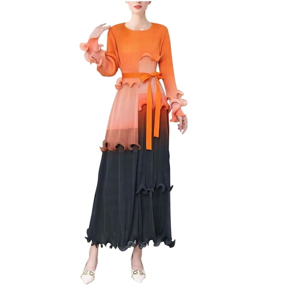 Fewfanhot Wedding Guest Dresses for Women Ruffle Pleated Long Dress A-Line Loose Fit Crew Neck Short Sleeve Casual Dresses