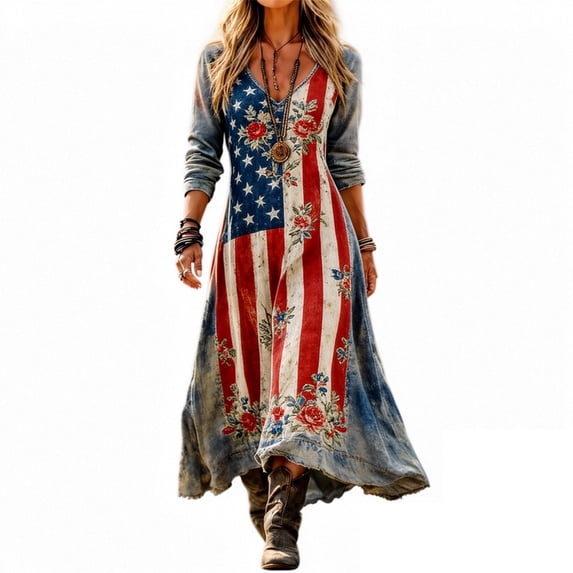 Fewfanhot Women 4th of July 250th Anniversary American Flag Floral Denim Maxi Dress, V-Neck Long Sleeve Vintage Patriotic Long Dress, Casual Summer Boho Western Style Sundress