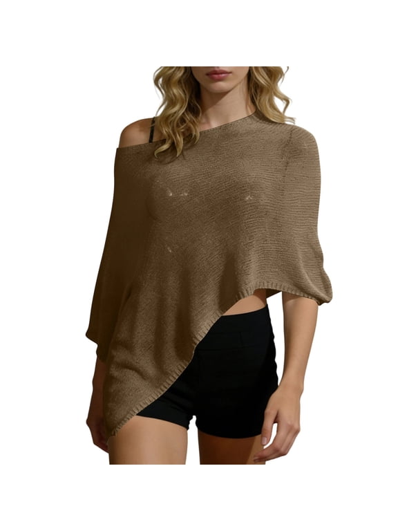 Women Asymmetric Off Shoulder Knit Poncho Top, Lightweight Irregular Hem Loose Wrap Cover Up Shawl Blouse
