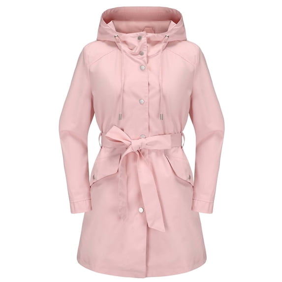 Fewfanhot Women Belted Hooded Waterproof Trench Coat, Snap Front Mid-Length Windbreaker, Drawstring Waist Rain Jacket with Pockets, S-3XL