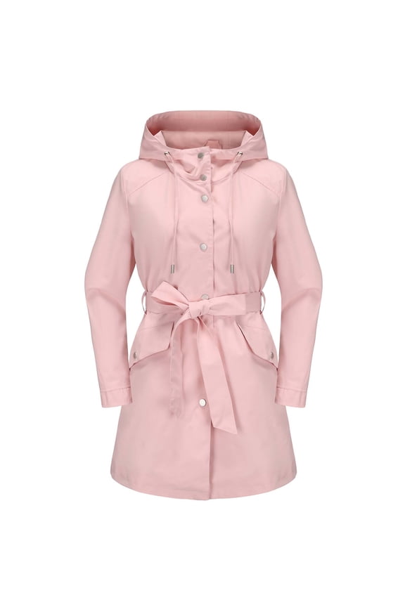 Women Belted Hooded Waterproof Trench Coat, Snap Front Mid-Length Windbreaker, Drawstring Waist Rain Jacket with Pockets, S-3XL