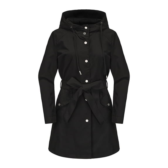 Fewfanhot Women Belted Hooded Waterproof Trench Coat, Snap Front Mid-Length Windbreaker, Drawstring Waist Rain Jacket with Pockets, S-3XL