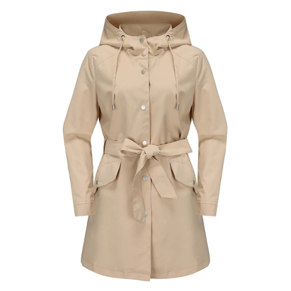 Fewfanhot Women Belted Hooded Waterproof Trench Coat, Snap Front Mid-Length Windbreaker, Drawstring Waist Rain Jacket with Pockets, S-3XL