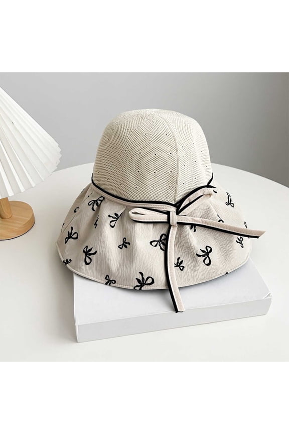 Women Bow Print Mesh Bucket Sun Hat, UPF Wide Brim Foldable Outdoor Travel Beach Hat with Ribbon Bow