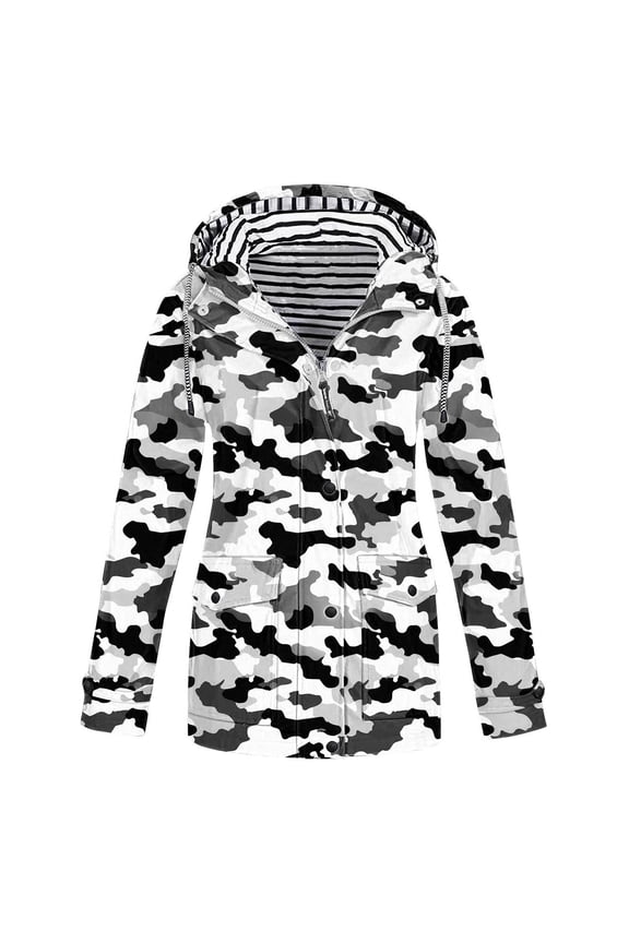 Women Camo Print Hooded Waterproof Rain Jacket, Striped Lined Mid-Length Windbreaker, Snap Zip Front Coat with Flap Pockets S-3XL