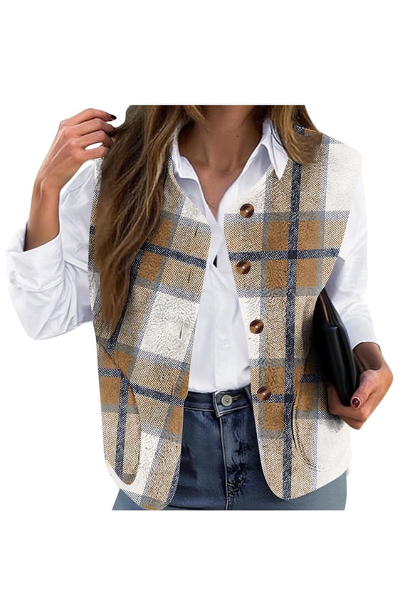 Women Casual Plush Fleece Vest Waistcoat Daily Print Loose Collarless Button Outerwear Soft Warm Comfort Cold Weather Tops S-5XL
