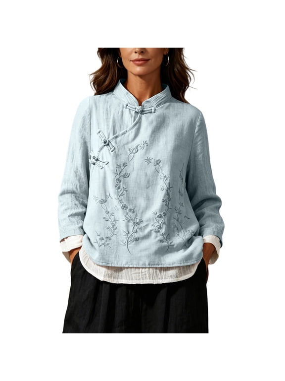 Women Chinese Frog Button Embroidered Blouse, Mandarin Collar Long Sleeve Layered Hem Linen Blend Loose Casual Shirt