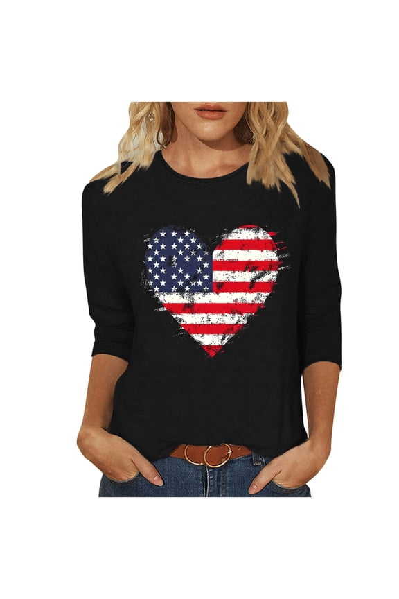 Women Clothing 3/4 Sleeve Shirts Crewneck Dressy Casual Tops Printed Lightweight Loose Fit Cute T Shirts