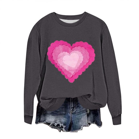 Fewfanhot Women Clothing Casual Heart Graphics Shirt Long Sleeve Pullover Loose Crewneck Cute Love Printed Sweatshirt Tops