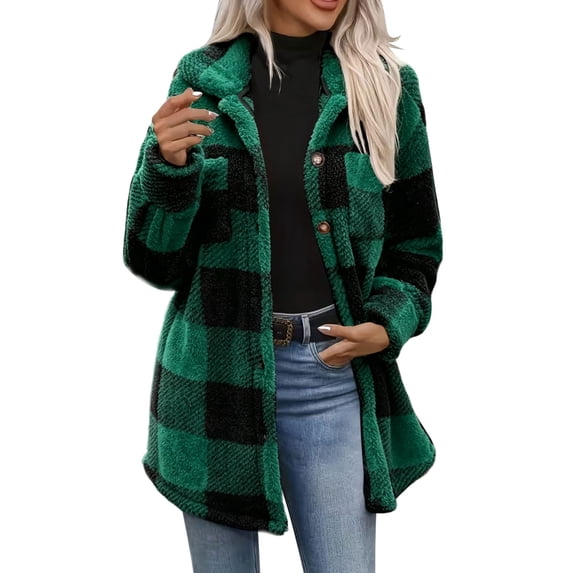 Fewfanhot Women Clothing Causal Sherpa Fall Jacket Loose Button Down Plaid Winter Coats