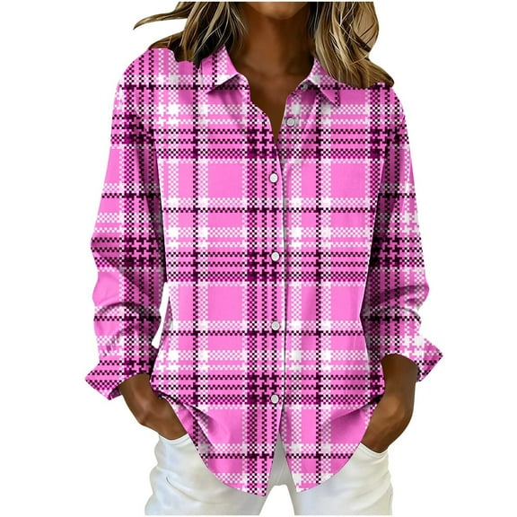 Fewfanhot Women Clothing Plaid Shirts Button Down Long Sleeve Oversized Casual Blouse Tops