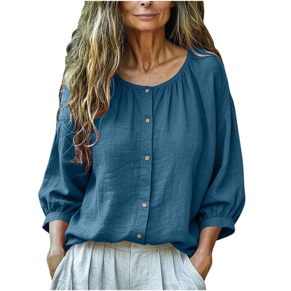 Fewfanhot Women Clothing Puff Sleeve Tops Button Down Ruffle Shirts Flowy Pleated Cotton Blouse
