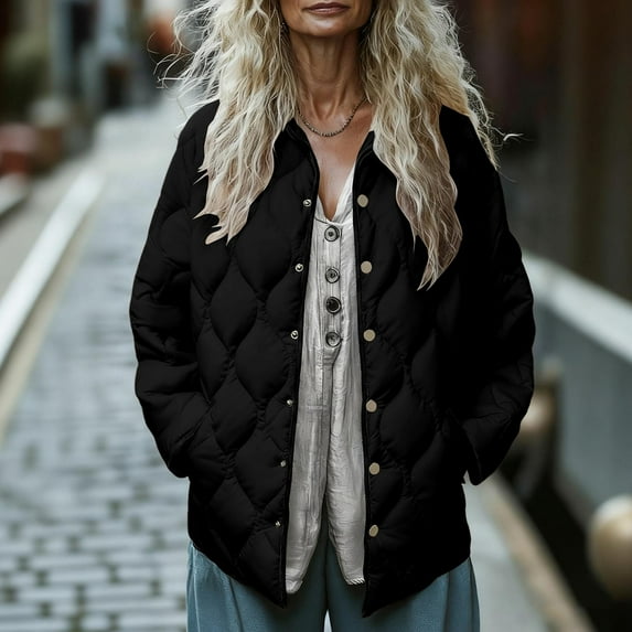 Fewfanhot Women Clothing Quilted Jackets Casual Button Down Winter Long Sleeve Stand Neck Lightweight Warm Coat