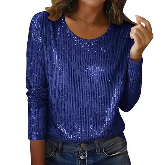 Fewfanhot Women Clothing Sequin Top Long Sleeve Sparkly Shirt Glitter Crew Neck Dressy Blouse for Evening Party Night