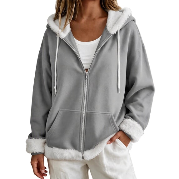 Fewfanhot Women Clothing Sherpa-Lined Fleece Full-Zip Hooded Jacket with Drawstring