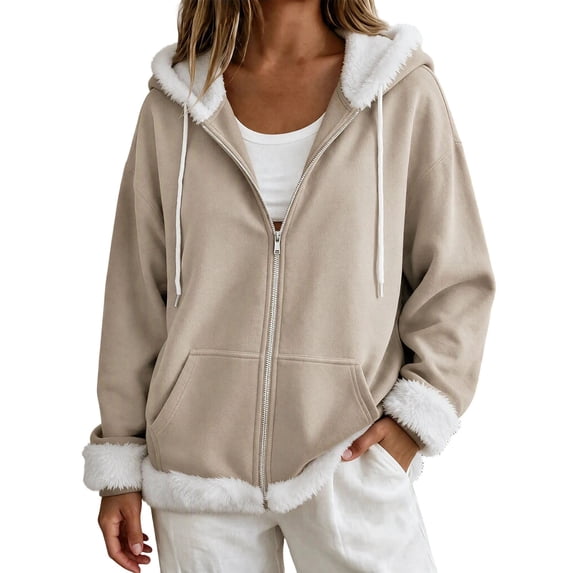 Fewfanhot Women Clothing Sherpa-Lined Fleece Full-Zip Hooded Jacket with Drawstring