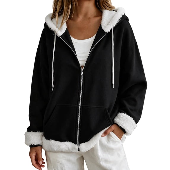 Fewfanhot Women Clothing Sherpa-Lined Fleece Full-Zip Hooded Jacket with Drawstring