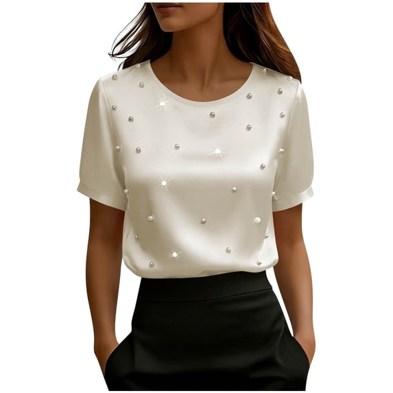 Fewfanhot Women Clothing Short Sleeve Round Neck Pearl Beaded T Shirts Casual Summer Loose Tees Top