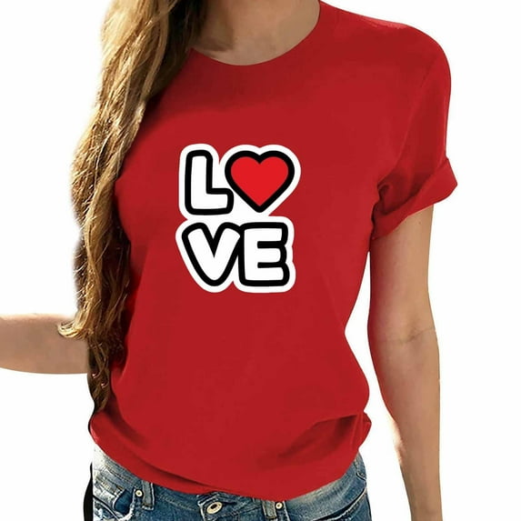 Fewfanhot Women Clothing Short Sleeve Tops Dressy Casual Heart Print Graphic Tee Valentine T Shirt Gift
