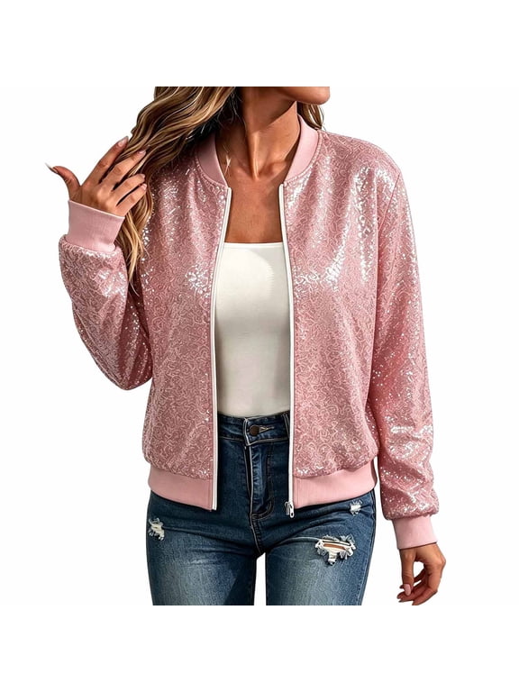 Women Clothing Solid Color Winter Fashion With Threaded Zipper Airplane Suit Sequin Lining Long Sleeved Jacket