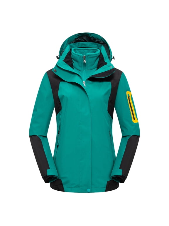 Women Color Block Fleece Lined Hooded Ski Jacket, Waterproof Windproof Zip Up Pockets Softshell Coat Outdoor Hiking, S-3XL