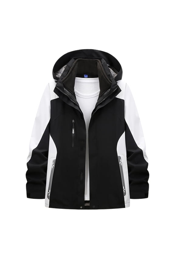 Women Color Block Fleece Lined Hooded Ski Jacket, Waterproof Windproof Zip Up Pockets Softshell Coat Outdoor Hiking, S-3XL