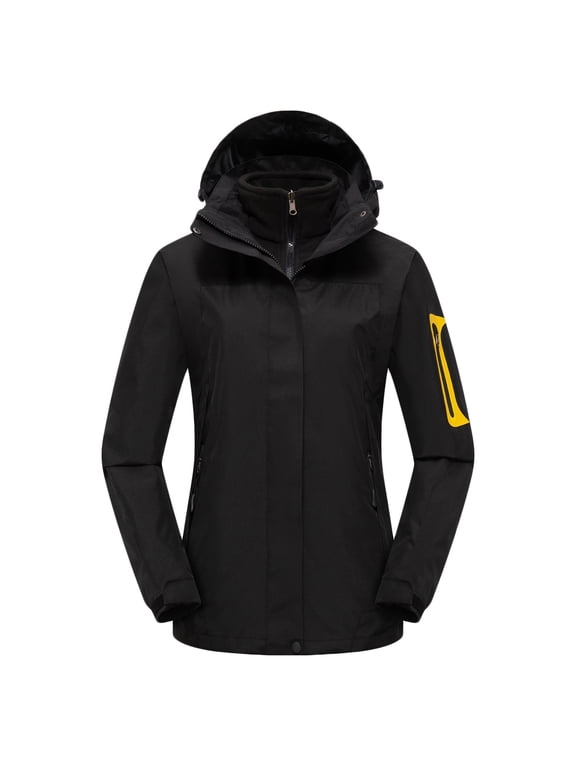 Women Color Block Fleece Lined Hooded Ski Jacket, Waterproof Windproof Zip Up Pockets Softshell Coat Outdoor Hiking, S-3XL