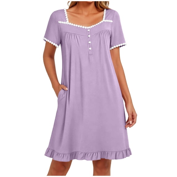 Fewfanhot Women Dresses Lace Short Sleeve Night Shirts With Pockets Night Gown Ruffled Sleep Dress