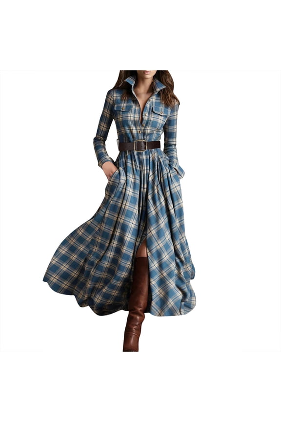 Women Dresses Plaid Irregular Long Sleeved Collared Button Up Shirt Jacket Dress With Belt