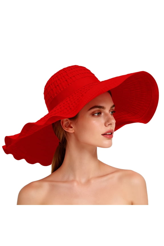 Women Extra Wide Wavy Brim Sun Hat, UPF Foldable Pleated Beach Bucket Hat Windproof Chin Strap