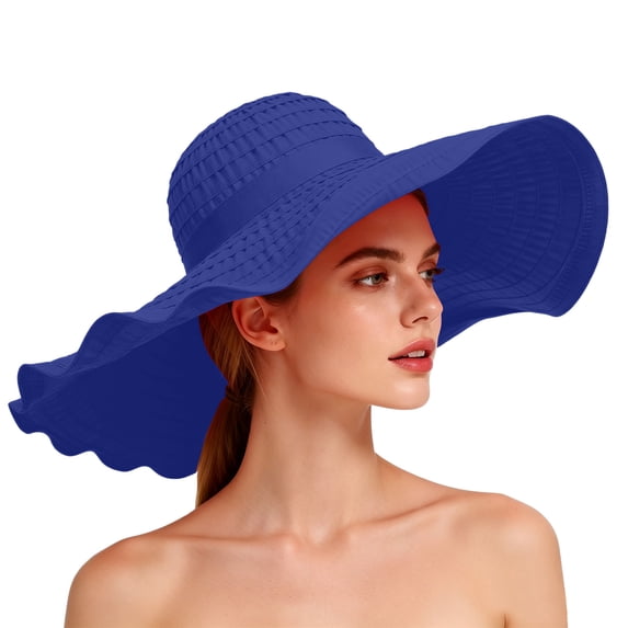 Fewfanhot Women Extra Wide Wavy Brim Sun Hat, UPF Foldable Pleated Beach Bucket Hat Windproof Chin Strap