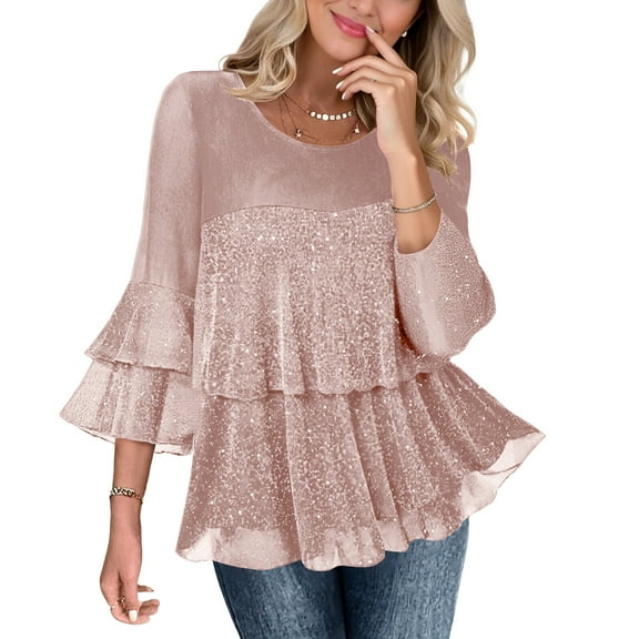 Fewfanhot Women Fall Clothes Dressy Sparkly Tops 3/4 Sleeve Ruffles Elegant Evening Flowy Blouse