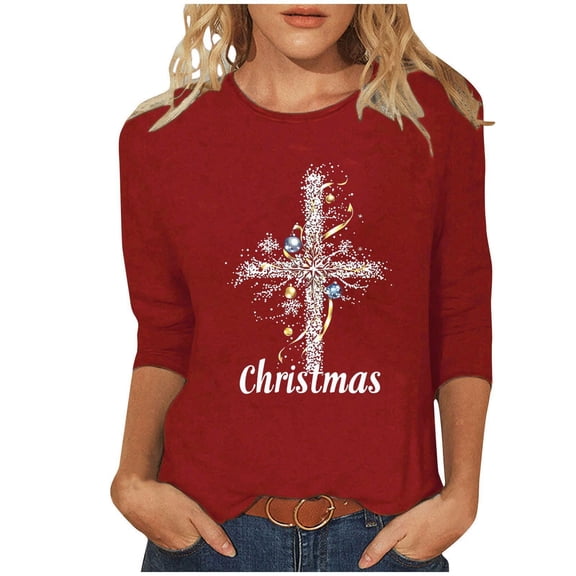 Fewfanhot Women Fall Clothes Funny Xmas Graphic 3/4 Sleeve Tee Winter Holiday Family Party Matching Tops