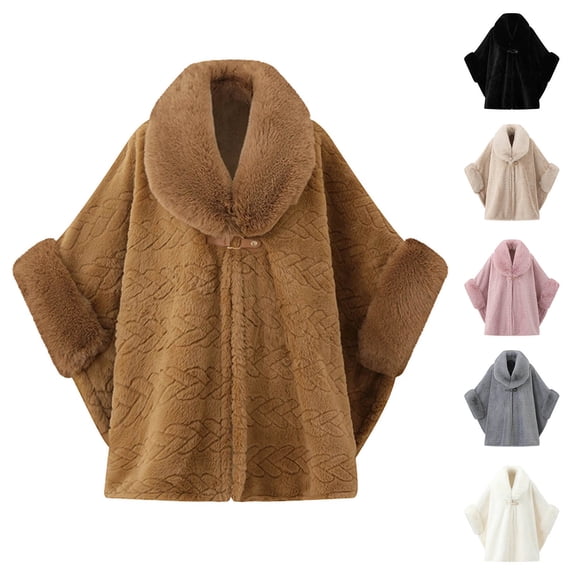 Fewfanhot Women Faux Fur Trim Cardigan Cloak Tweed Poncho Cape, Thick Warm Lined Wrap Coat for Fall Winter