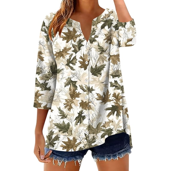 Fewfanhot Women Floral Print 3/4 Sleeve Blouse, Notched V‑Neck Button Front Tunic Top, Loose Fit Casual Shirt for Ladies