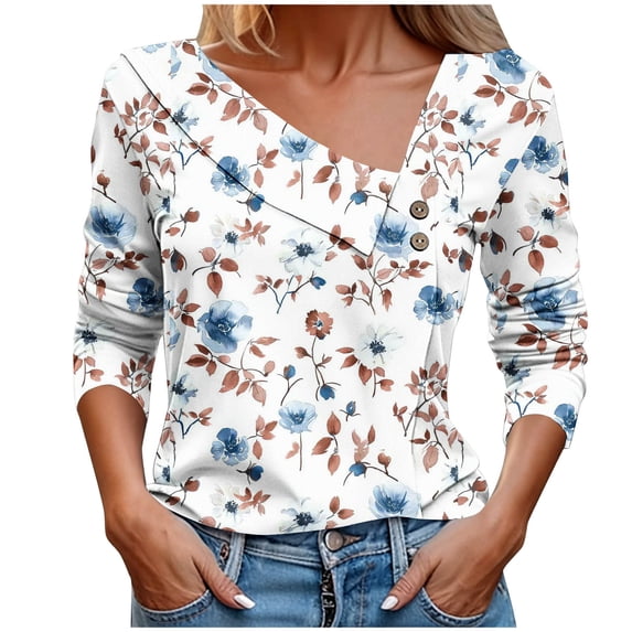 Fewfanhot Women Floral Print 3/4 Sleeve Blouse, V‑Neck Button Decor Casual Loose Shirt Tunic Top for Ladies