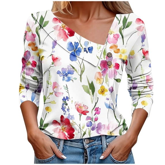 Fewfanhot Women Floral Print 3/4 Sleeve Blouse, V‑Neck Button Decor Casual Loose Shirt Tunic Top for Ladies