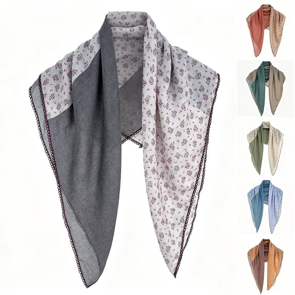 Fewfanhot Women Floral Print Cotton Linen Bandana Vintage Lace Edge Square Neck Scarf Shawl Wrap