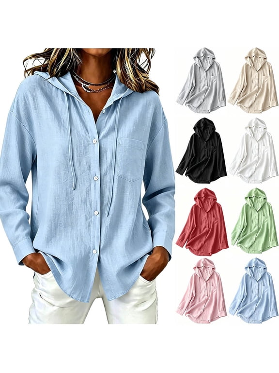 Women Hooded Button Down Shirt, Long Sleeve Drawstring Hood Blouse with Chest Pocket, Loose Fit Linen Cotton Tunic Top for Ladies Daily Wear